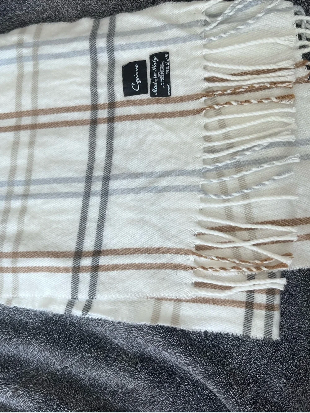 Cejon Plaid Fringe Scarf - Cream, Tan & Gray